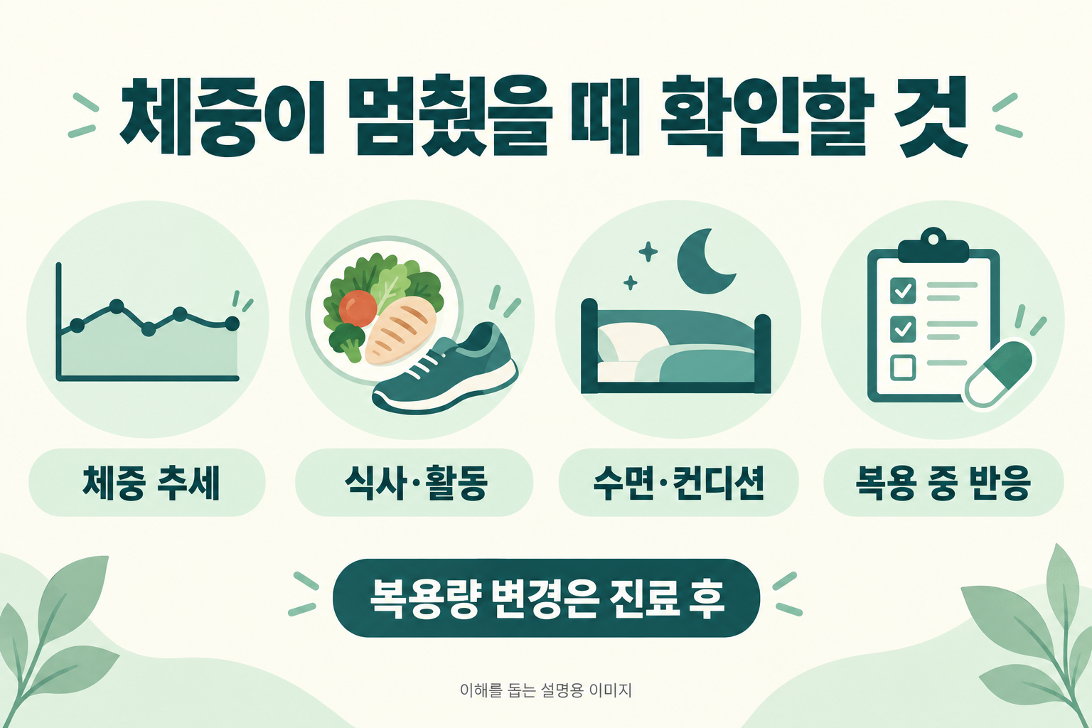 체중 추세, 식사와 활동, 수면과 컨디션, 복용 중 반응을 확인하고 복용량은 진료 후 변경하도록 안내하는 그림