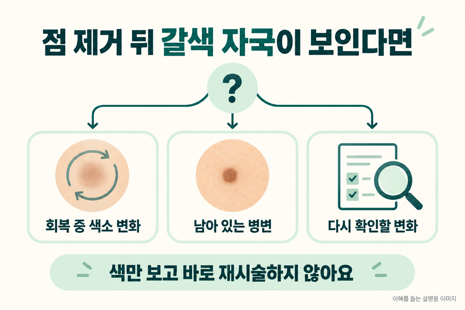 점 제거 뒤 갈색 자국은 회복 중 색소 변화, 남아 있는 병변, 다시 확인할 변화를 나누어 살펴야 한다는 개념도