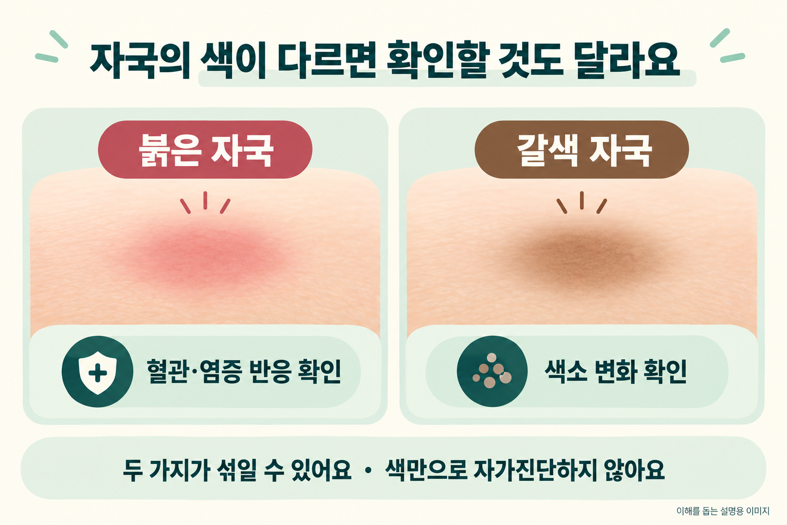 붉은 자국은 혈관과 염증 반응을, 갈색 자국은 색소 변화를 확인해야 한다는 설명용 비교 그림