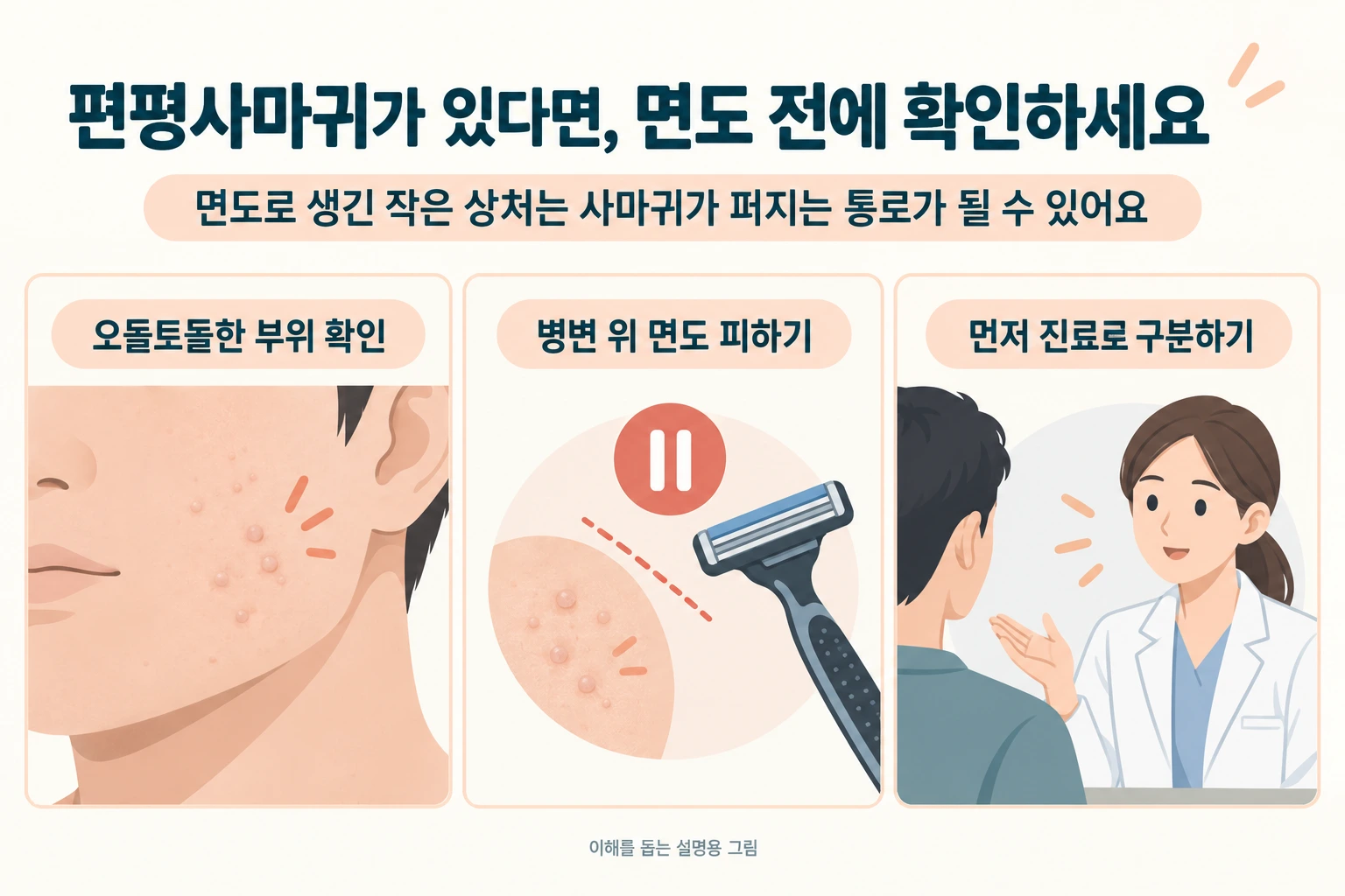 편평사마귀가 의심되는 부위를 확인하고 병변 위 면도를 피한 뒤 진료로 구분하는 설명도