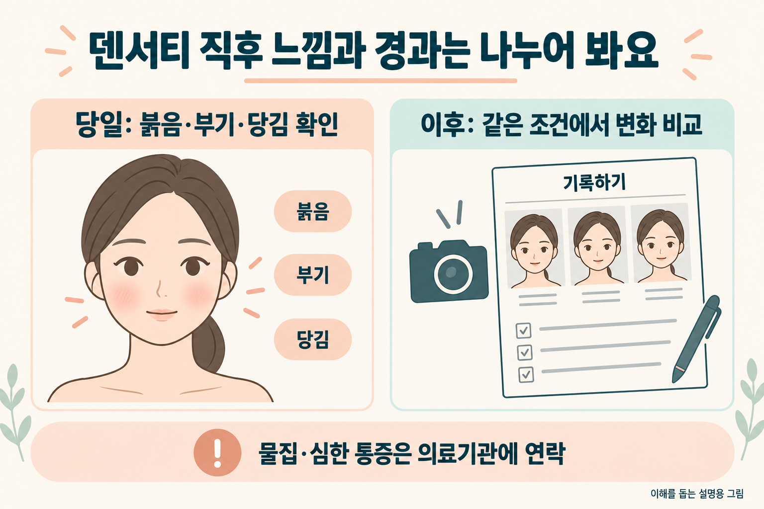 덴서티 당일의 붉음 부기 당김과 이후 같은 조건의 변화 비교를 나누고 심한 통증 물집은 문의하도록 안내하는 도식