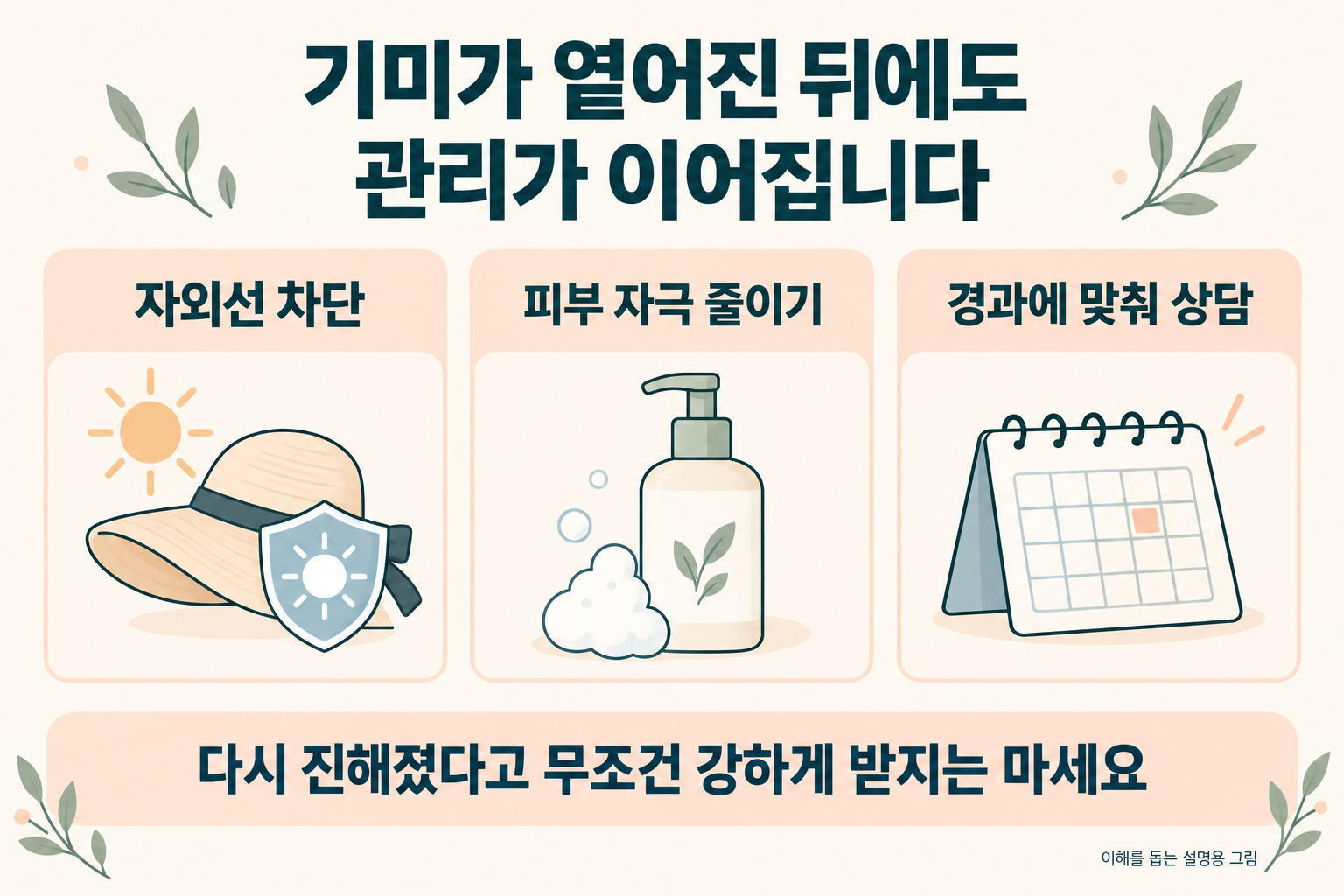 기미가 옅어진 뒤 자외선을 차단하고 피부 자극을 줄이며 경과에 맞춰 상담하는 관리 안내