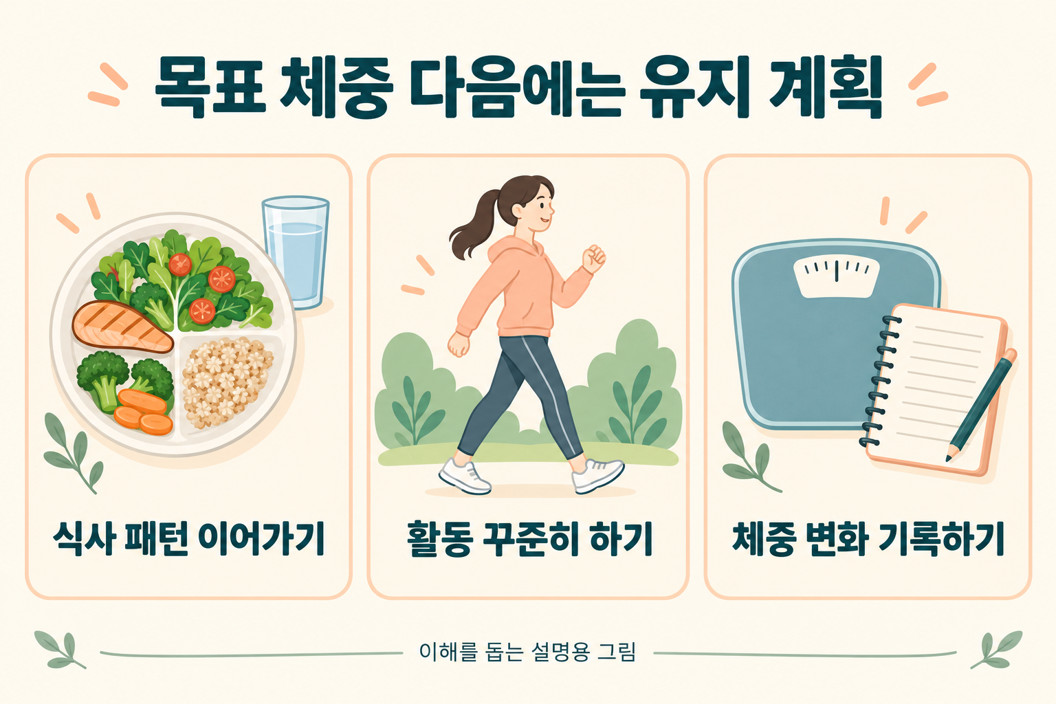 목표 체중 이후 식사 패턴과 활동을 이어가고 체중 변화를 기록하는 유지 계획 설명 그림