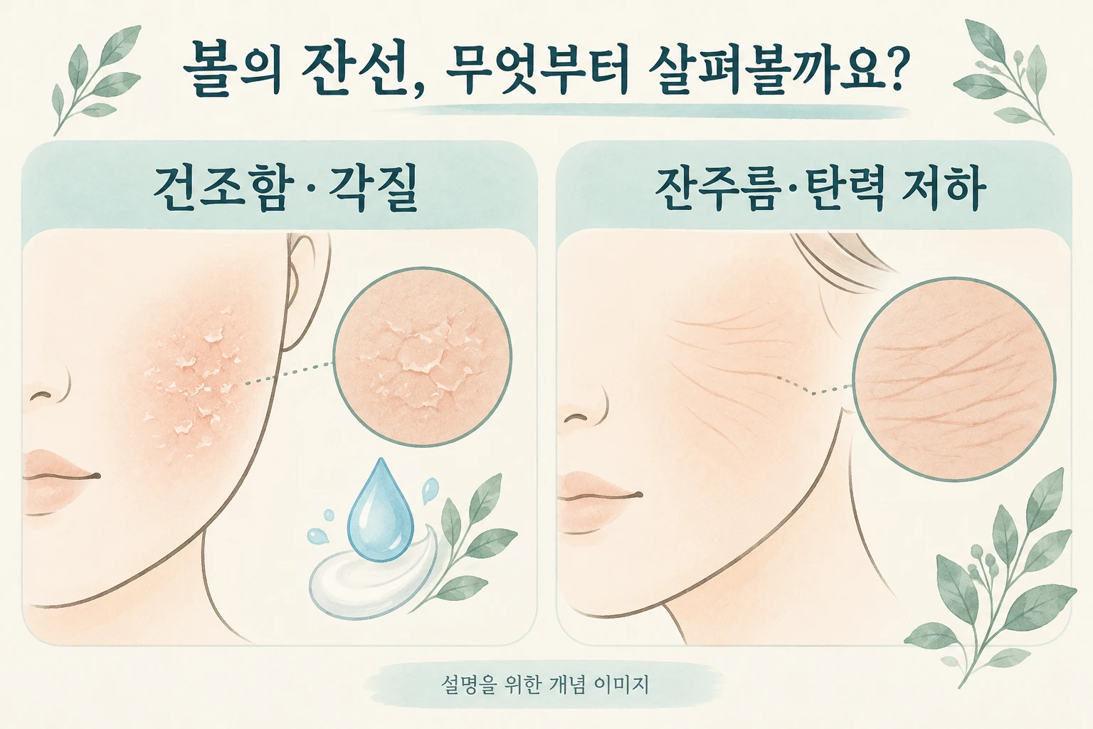 건조함·각질과 잔주름·탄력 저하를 각각 살펴보는 설명 도식
