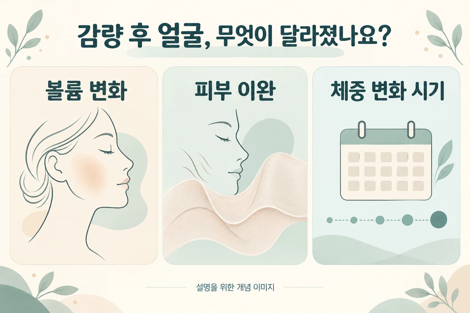 감량 뒤 얼굴 상담에서 볼륨 변화, 피부 이완, 체중 변화 시기를 함께 확인하는 그림