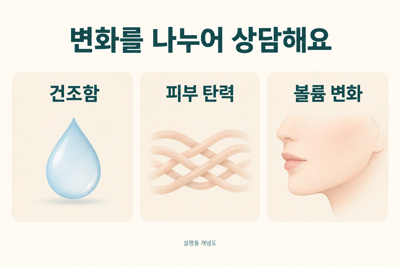 폐경 전후 피부 고민을 건조함, 피부 탄력, 볼륨 변화로 나누어 살피는 개념도