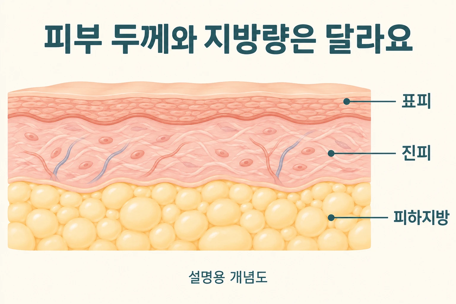 표피와 진피, 그 아래 피하지방을 구분해 피부 두께와 지방량의 차이를 설명하는 그림
