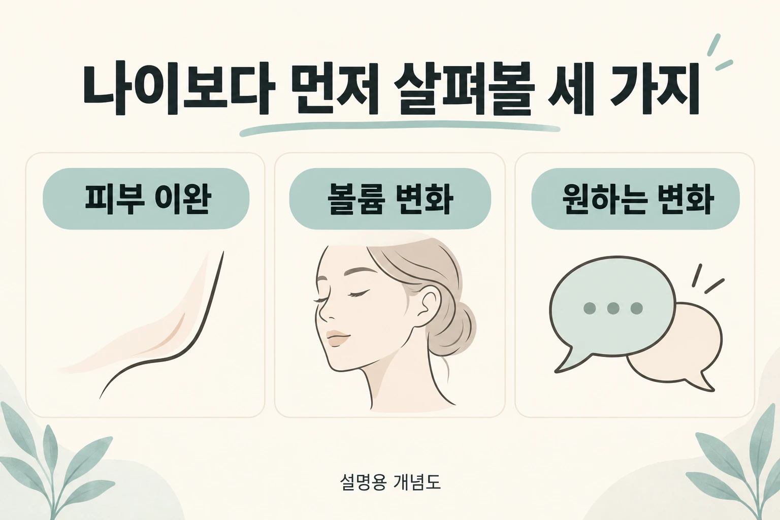 나이보다 피부 이완과 볼륨 변화, 원하는 변화를 나누어 상담하도록 안내하는 설명 그림