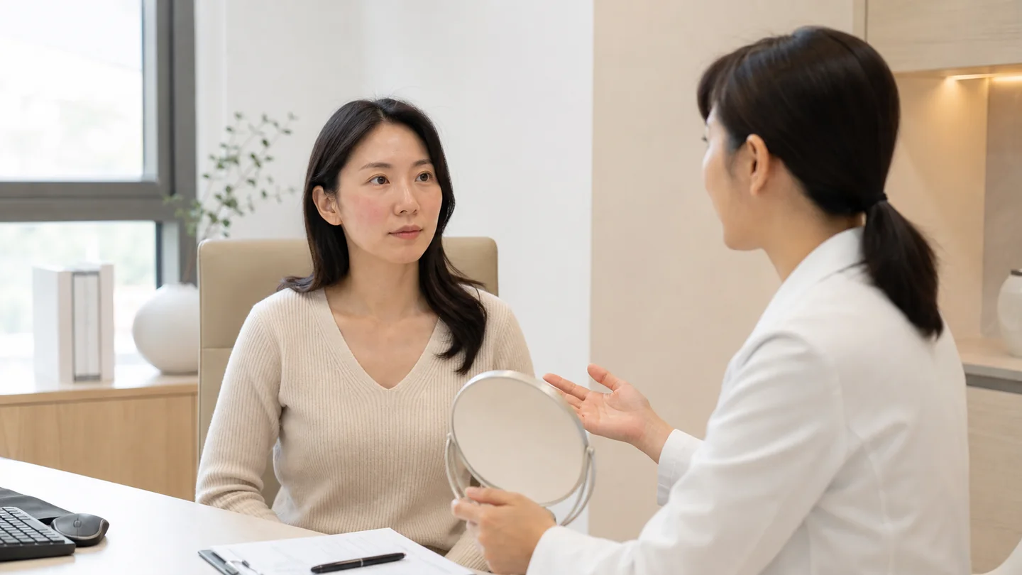 볼에 옅은 홍조가 있는 성인 여성이 밝은 상담실에서 피부 상태를 상담하는 모습