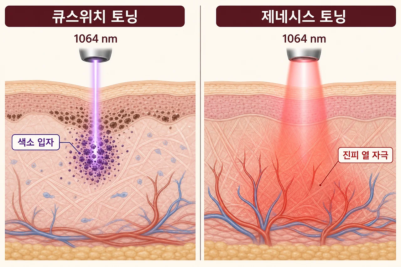 큐스위치 토닝과 제네시스 토닝의 피부 전달 방식 개념도