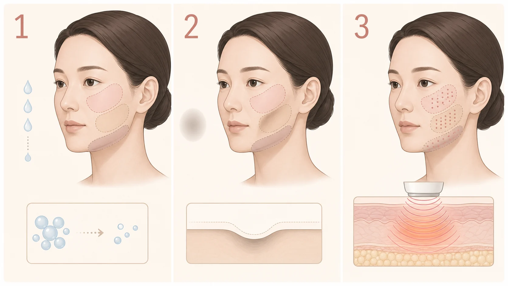 고주파 리프팅 후 꺼져 보이는 원인을 붓기 감소, 기존 볼 패임, 부위별 열 집중으로 구분한 교육용 도식