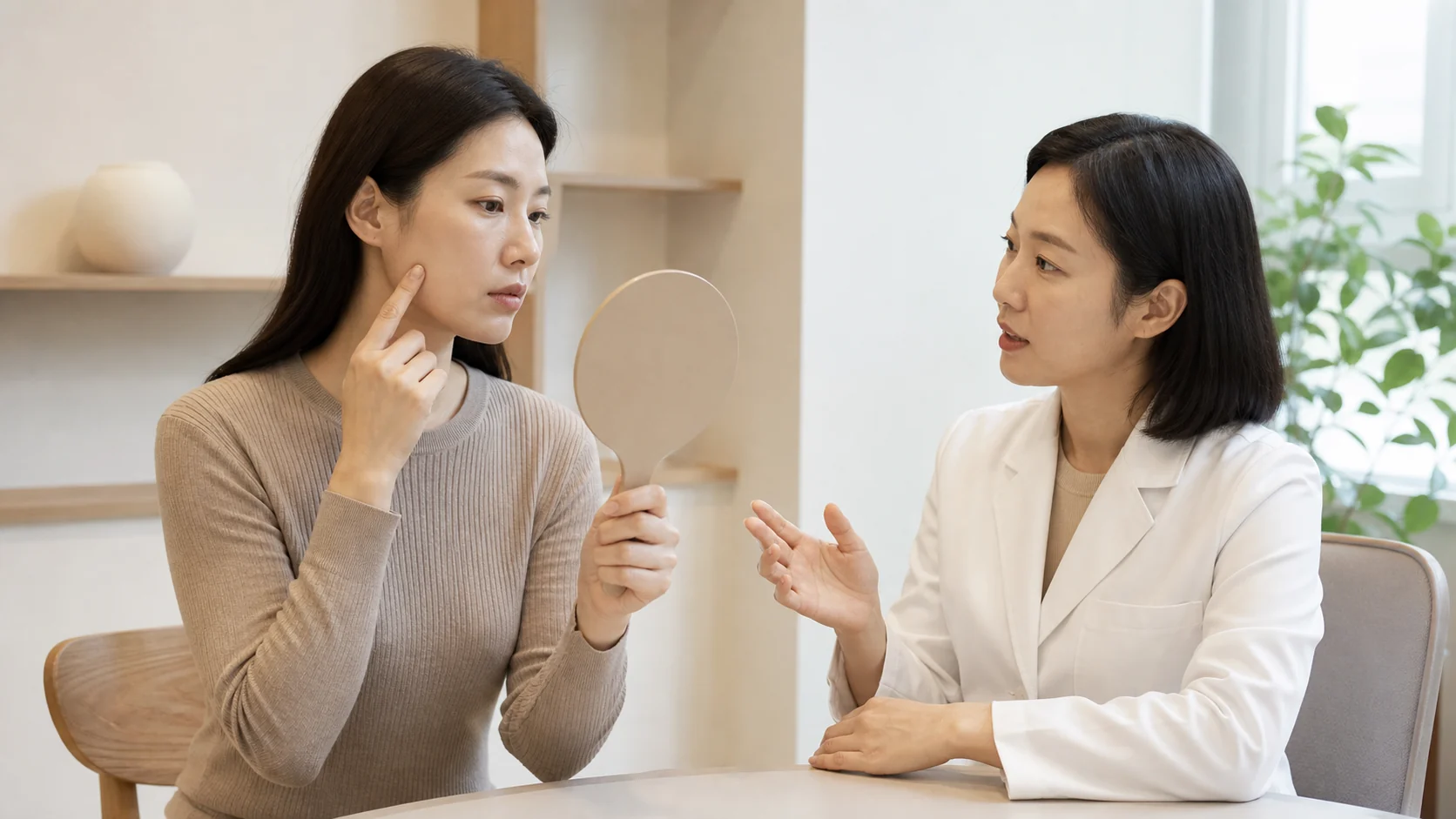 고주파 리프팅 후 볼 패임과 턱선 변화를 거울로 확인하며 상담하는 성인 여성