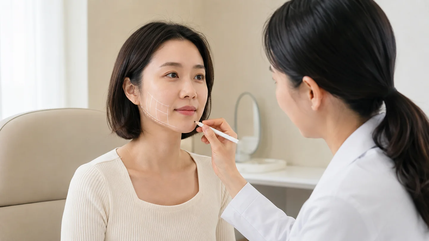 슈링크 시술 전 여성 환자의 볼과 턱선에 맞춤 디자인을 표시하는 상담 장면