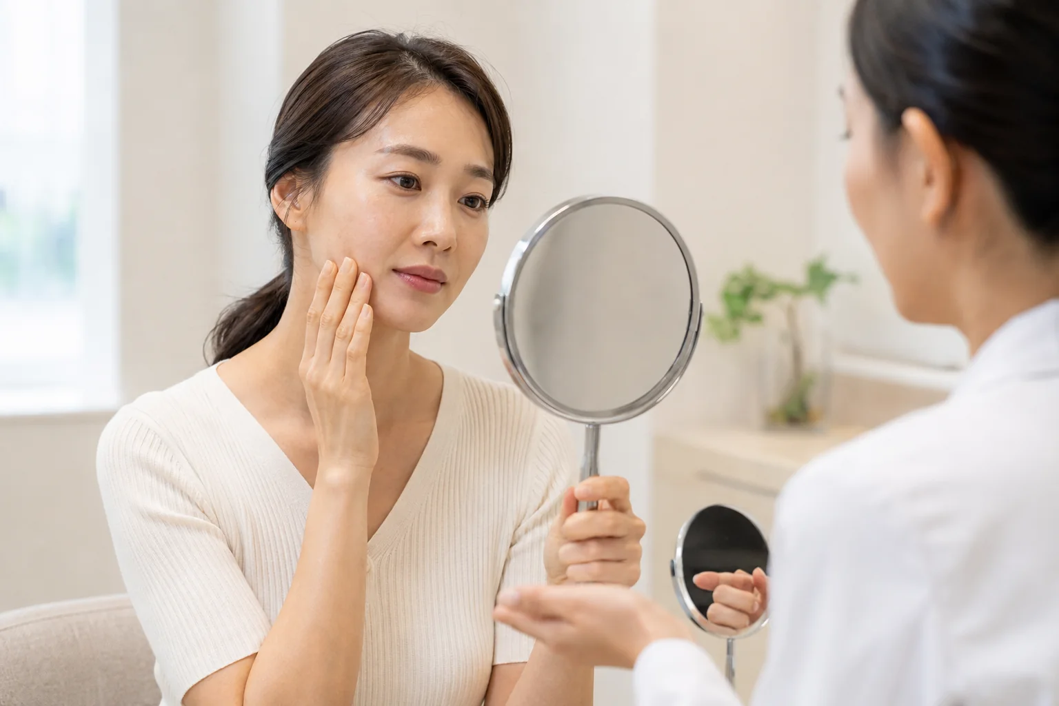 30대 후반 여성이 거울로 볼의 피부결과 모공을 살피며 상담하는 AI 이미지