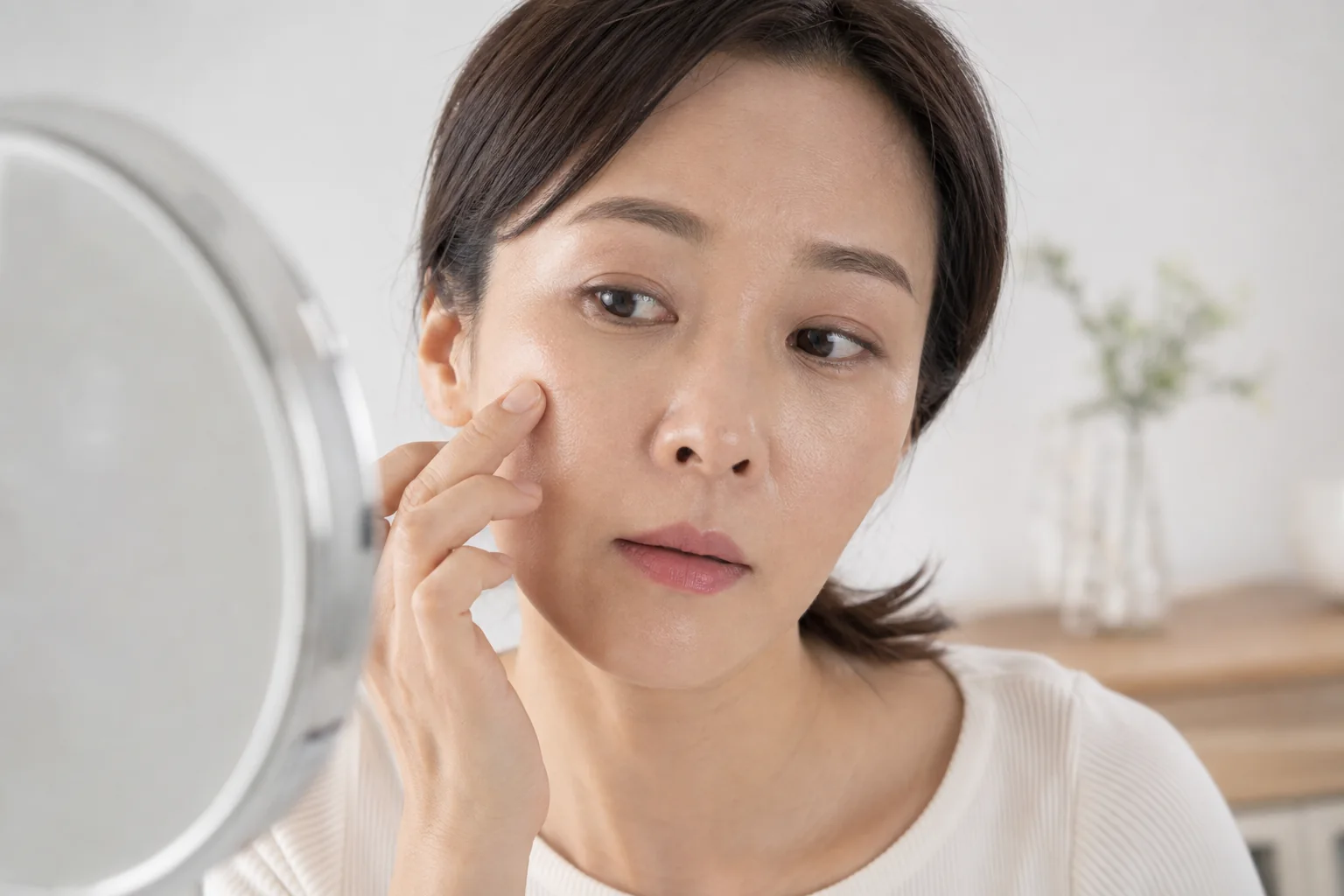 40대 여성이 거울을 보며 코 옆과 앞볼에서 세로로 길어 보이는 모공을 확인하는 AI 이미지