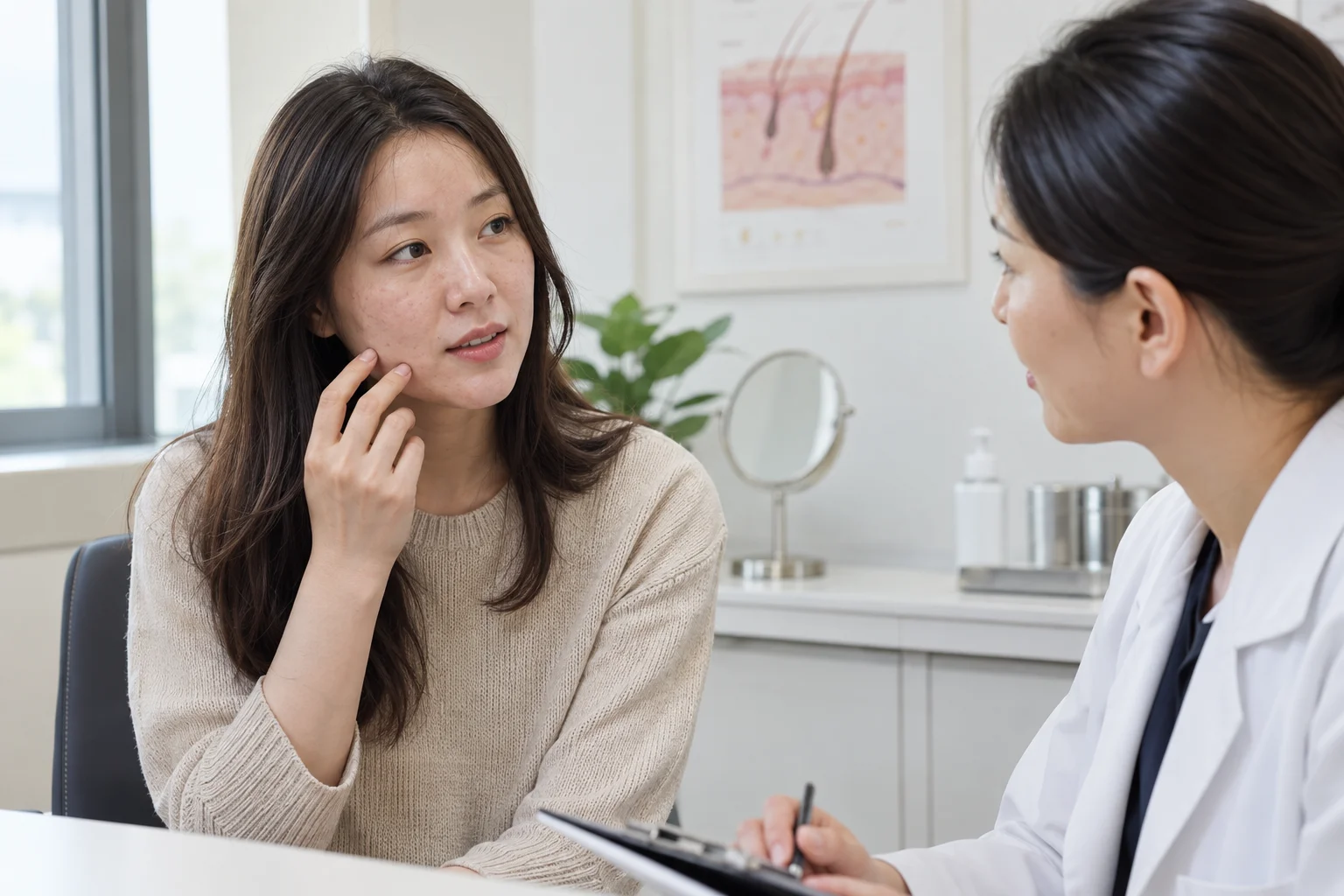 볼의 작은 돌기가 신경 쓰이는 부위를 가리키며 피부 상담을 받는 모습을 표현한 이미지